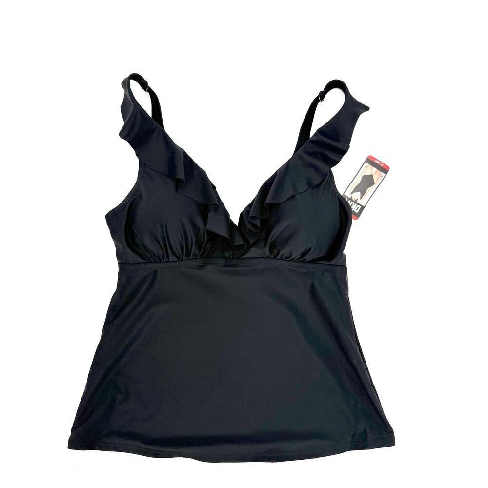 DKNY Swim Tankini Top Womens XL Black Solid Plunge Ruffle Neck Adjustable Strap